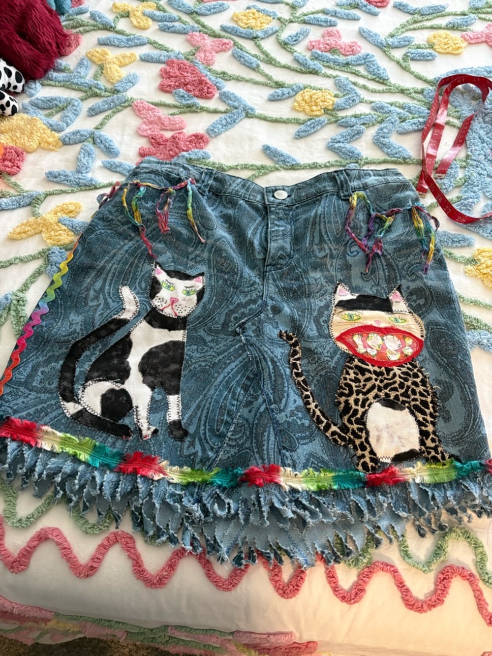 Art to Wear Paisley Denim Skirt Sz 14 Crazy Cats
